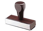 Rubber hand stamp on wooden mount with black handle used with a separate ink pad.