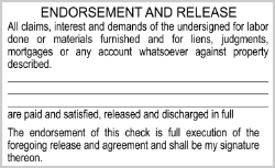 Petersen Specialty - Shiny S-844 Lien Waiver Endorsement Stamp. This and more checking and lien waiver stamps for your banking and endorsement needs are available now. Order Today!