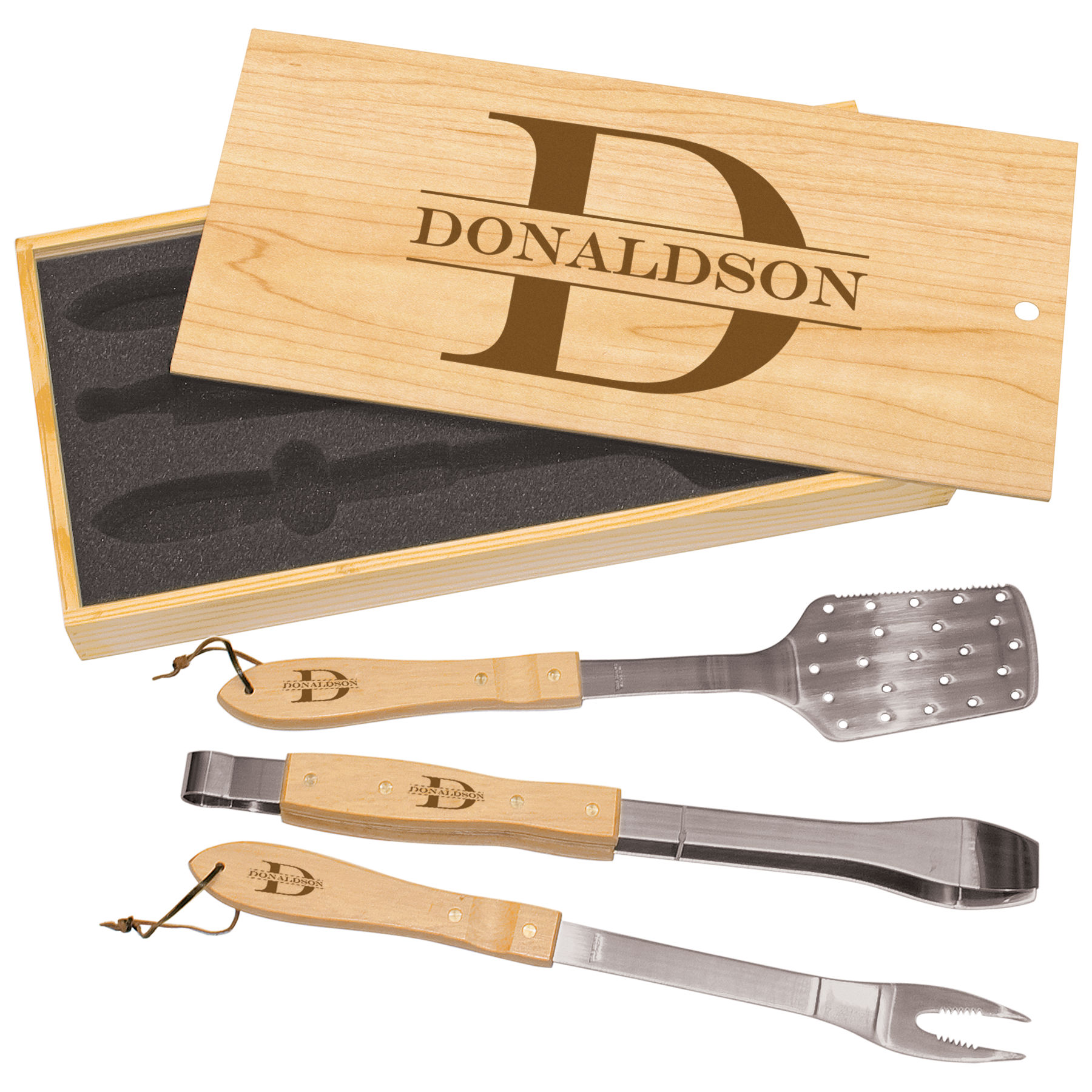 3-Piece BBQ Set in Wooden Pine Box laser engraved with your company logo or personal saying.