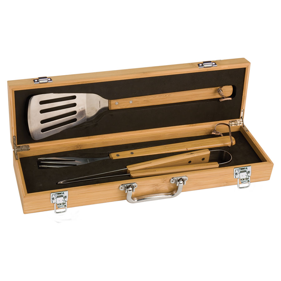 3-Piece Bamboo BBQ Set in Bamboo Case laser engraved with your company logo or personal saying.