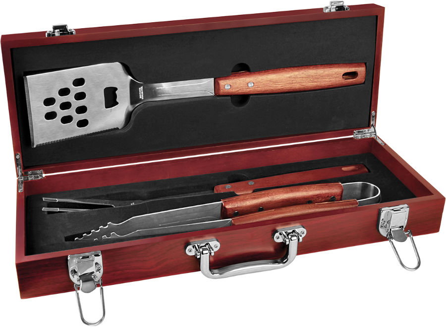 3-Piece Rosewood BBQ Set laser engraved with your company logo or personal saying.