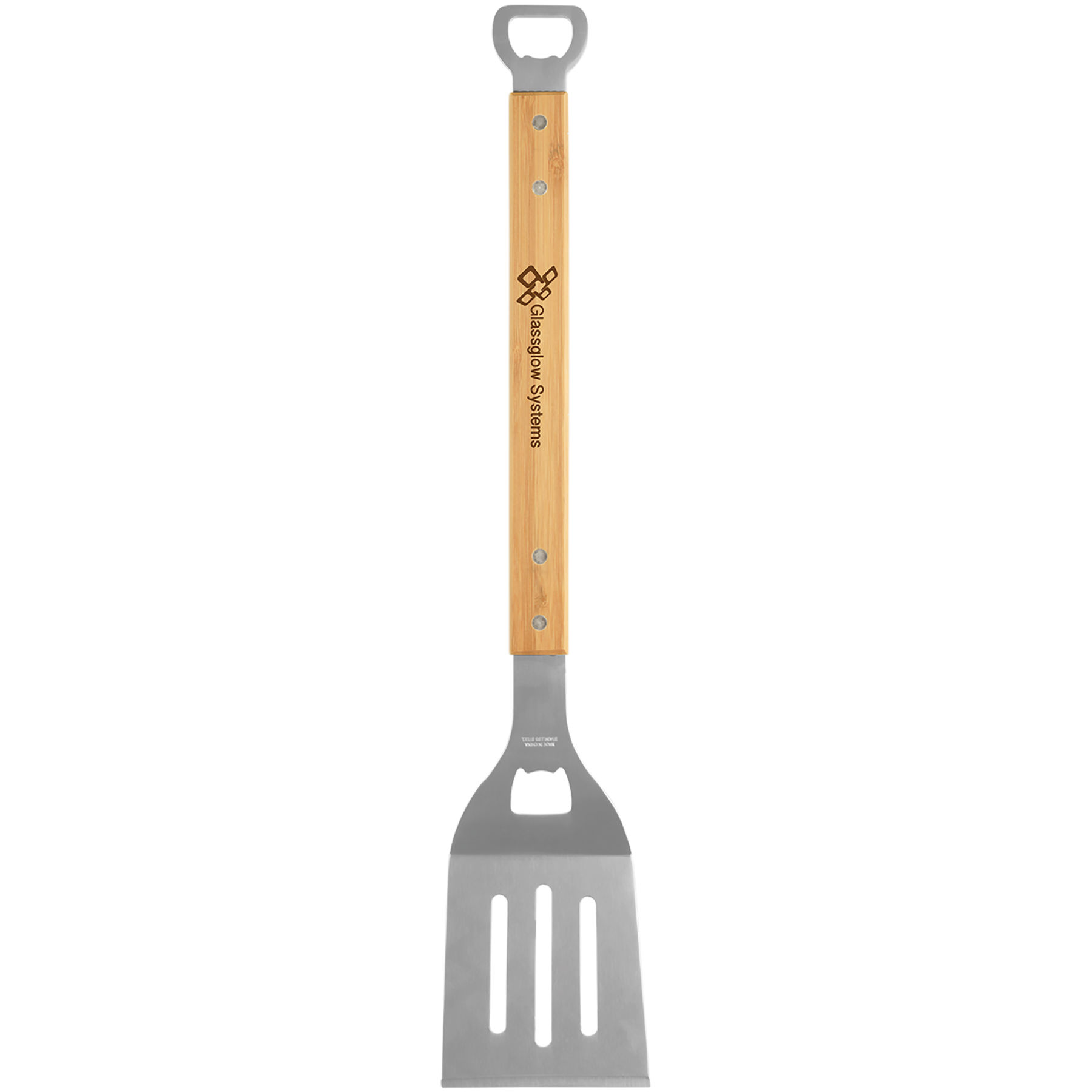 19 1/4" Bamboo Barbeque Spatula with Bottle Opener laser engraved with your company logo or personal saying.