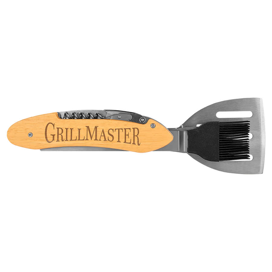 11 1/2" Wood 5-in-1 BBQ Tool laser engraved with your company logo or personal saying.
