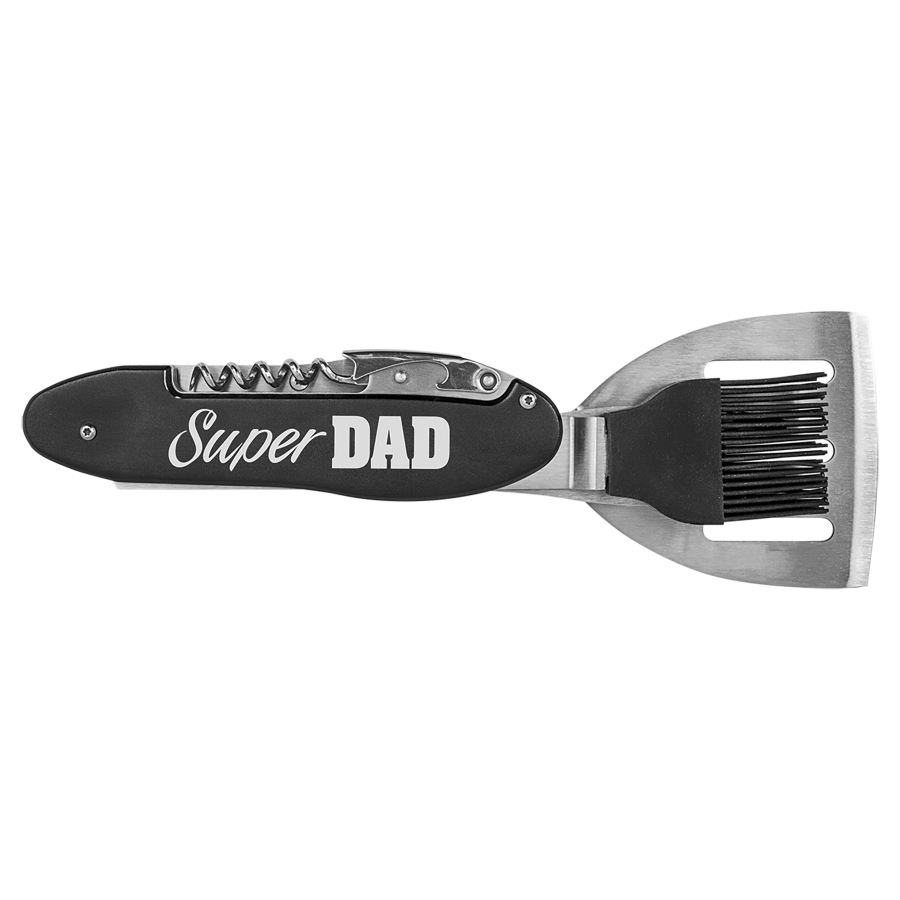 10 1/2" Black Metal 5-in-1 BBQ Tool laser engraved with your company logo or personal saying.
