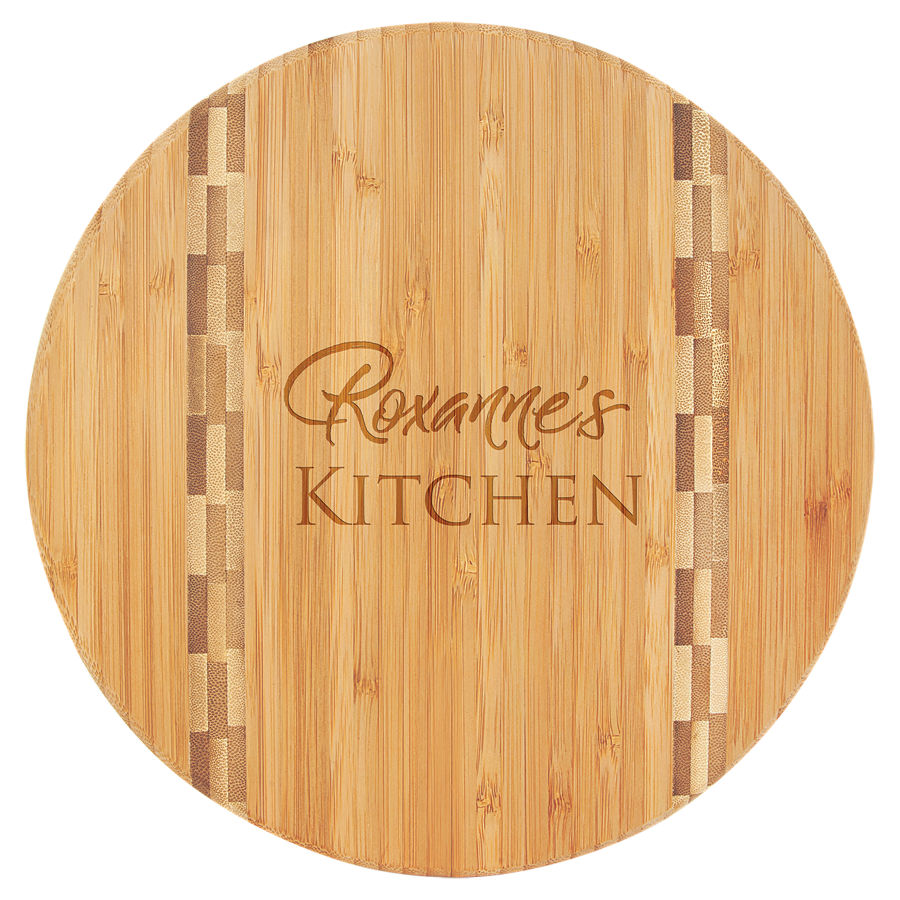 Customize this 9 3/4" Round Bamboo Cutting Board with Butcher Block Inlay with your company logo or personal saying.
