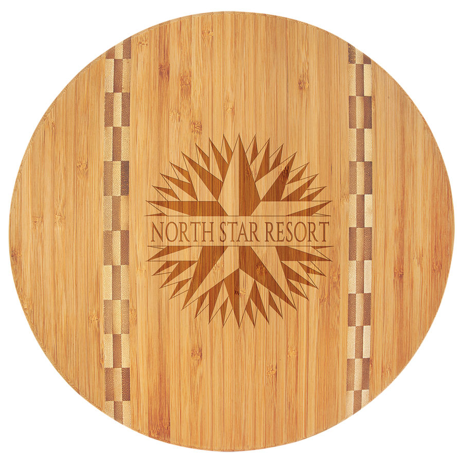 Customize this 11 3/4" Round Bamboo Cutting Board with Butcher Block Inlay with your company logo or personal saying.