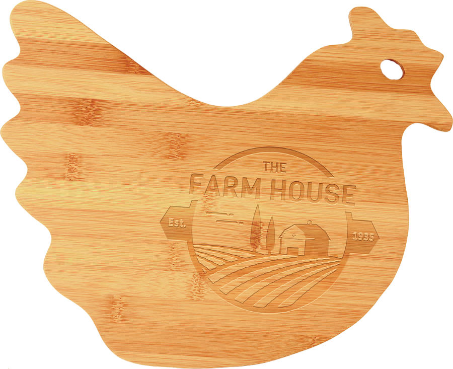 Customize this 13 1/2" x 10 7/8" Bamboo Hen Shaped Cutting Board with your company logo or personal saying.