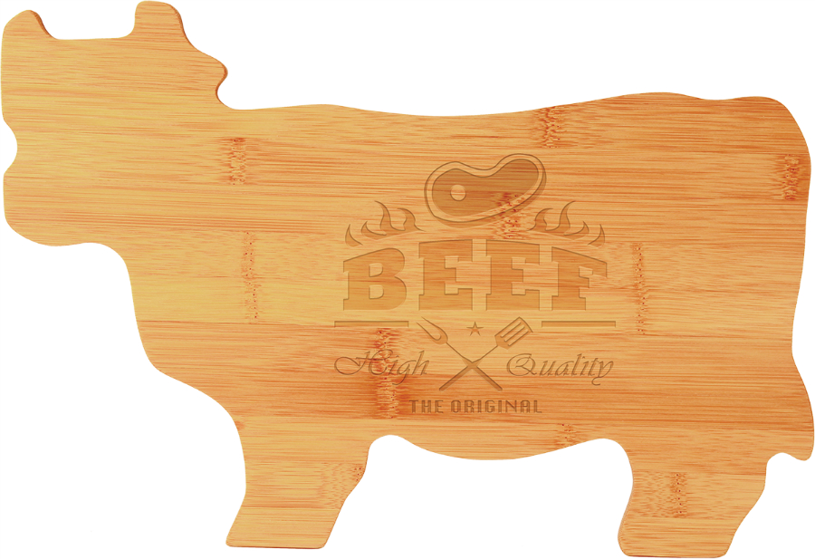 Customize this 14 3/4" x 9 3/4" Bamboo Cow Shaped Cutting Board with your company logo or personal saying.