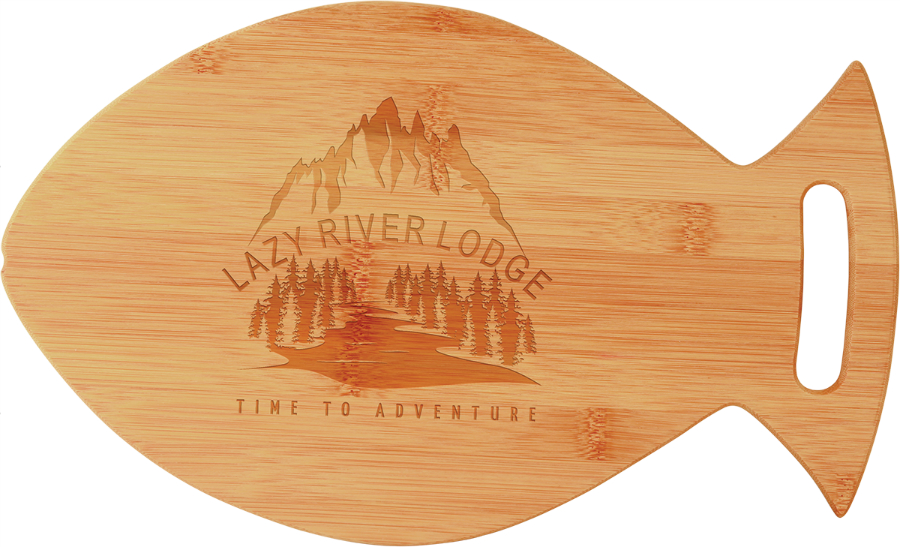 Customize this 14" x 8 1/2" Bamboo Fish Shaped Cutting Board with your company logo or personal saying.