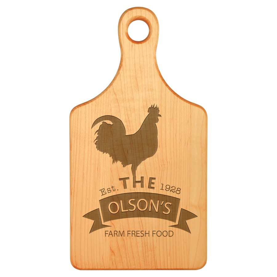 Customize this 13 1/2" x 7" Solid Maple Paddle Shaped Cutting Board  with your company logo or personal saying.