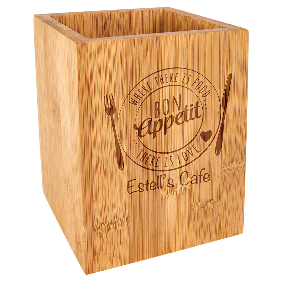 Customize this 4 1/4" x 6" Bamboo Utensil Holder with your company logo or personal saying.
