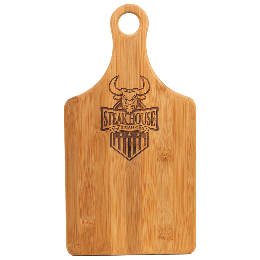 Customize this 13 1/2" x 7" Bamboo Paddle Shape Cutting Board with your company logo or personal saying.