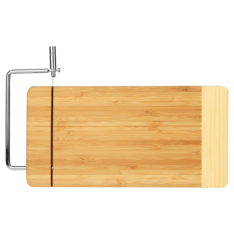 Customize this 12" x 6" Bamboo Rectangle Cutting Board with Metal Cheese Cutter with your company logo or personal saying.