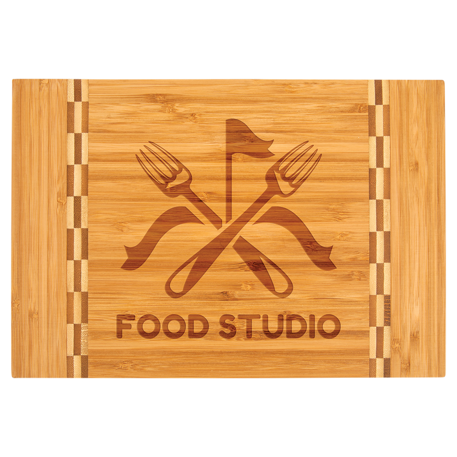Customize this 12" x 8 1/4" Bamboo Cutting Board with Butcher Block Inlay with your company logo or personal saying.