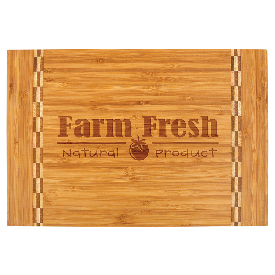 Customize this 15" x 10-1/4" Bamboo Cutting Board with Butcher Block Inlay with your company logo or personal saying.