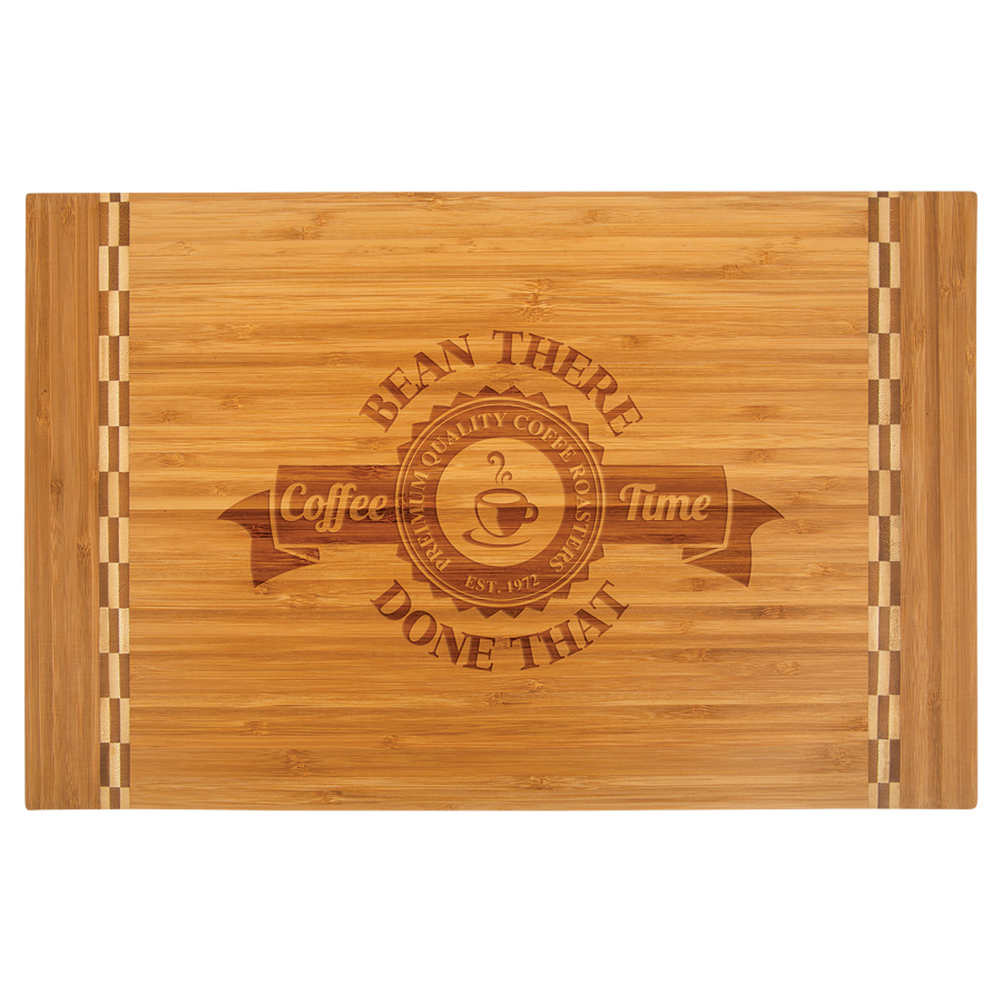 Customize this 18 1/4" x 12" Bamboo Cutting Board with Butcher Block Inlay with your company logo or personal saying.