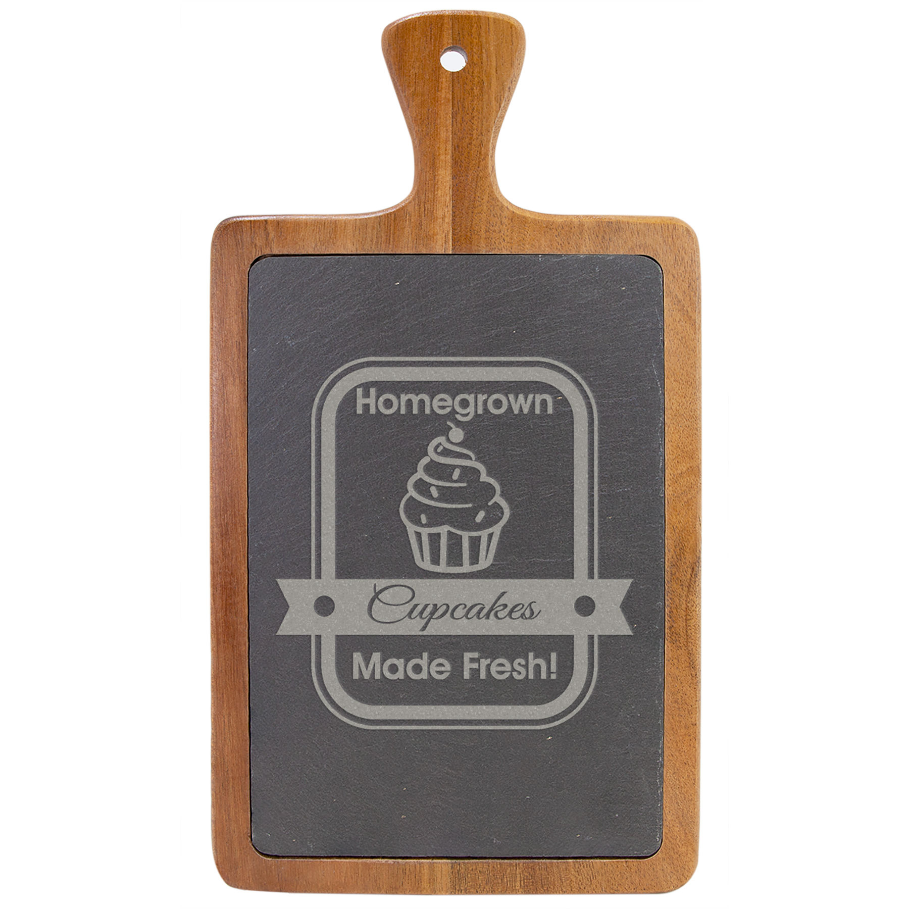 Customize this 13 1/4" x 7" Acacia Wood/Slate Cutting Board with your company logo or personal saying.