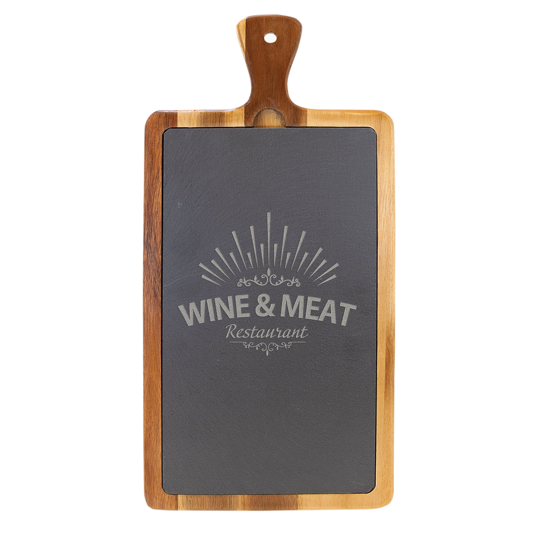 Customize this 16" x 7 3/4" Acacia Wood/Slate Cutting Board with your company logo or personal saying.