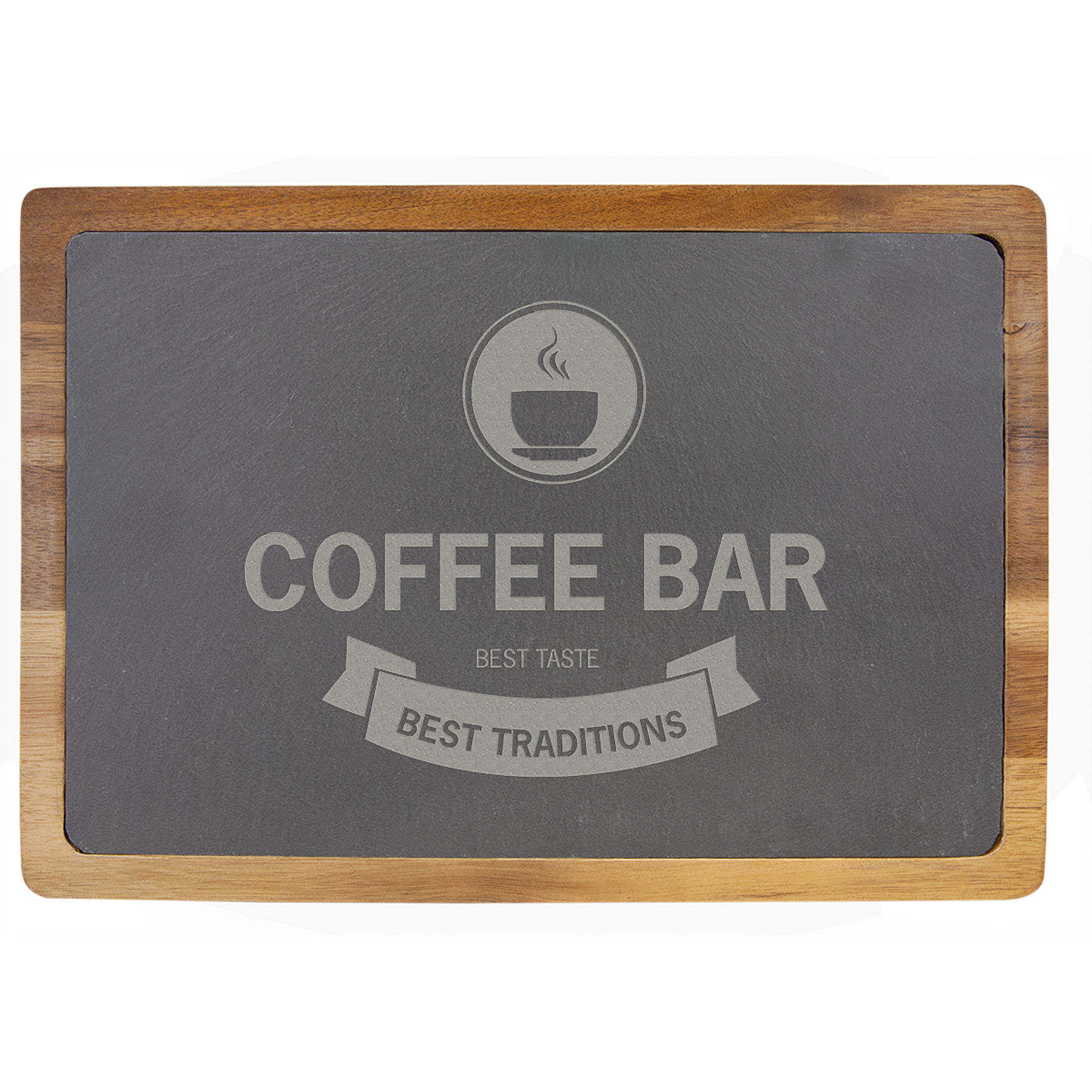 Customize this 13" x 9" Acacia Wood/Slate Cutting Board with your company logo or personal saying.