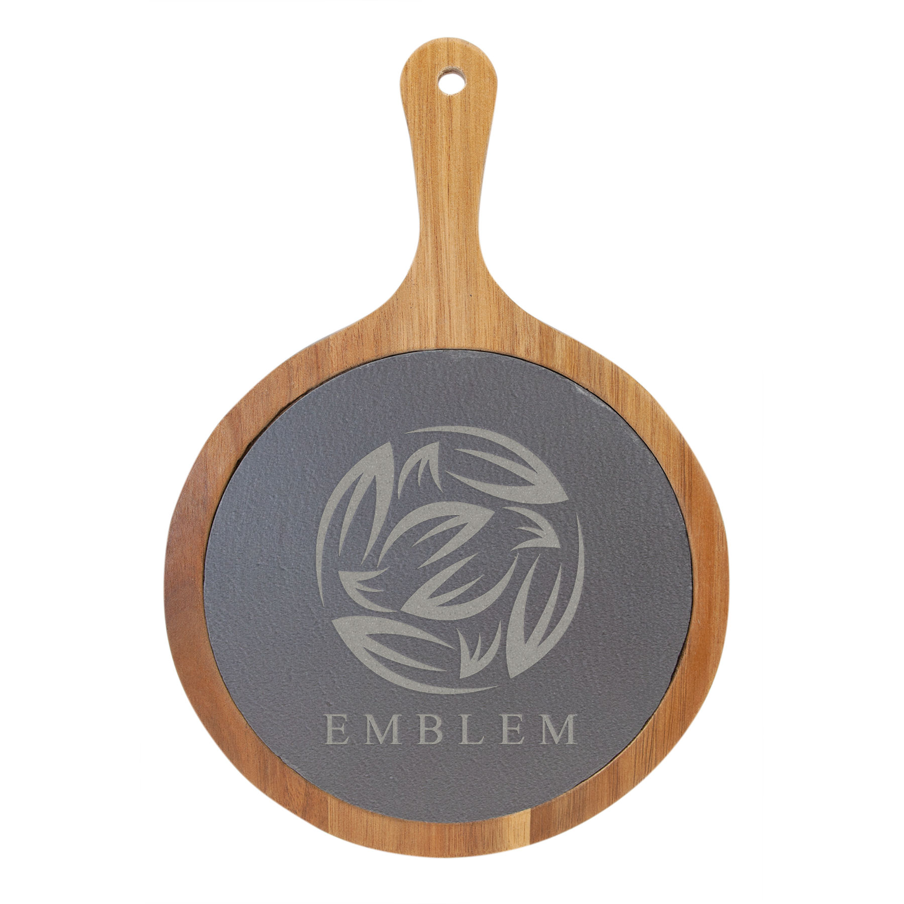 Customize this 12 1/4" x 8 1/4" Round Acacia Wood/Slate Serving Board with Handle with your company logo or personal saying.