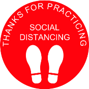 Petersen Specialty - 10" diameter round self-adhesive floor graphic with red background - white feet image, Thank you for practicing social distancing for social distancing. This and more pre-designed and custom signs available now. Order Today!