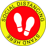 Petersen Specialty - 10" diameter round self-adhesive floor graphic with red and yellow background and feet image, "Social Distancing Stand Here" for social distancing. This and more pre-designed and custom signs available now. Order Today!