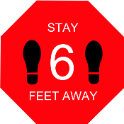 Petersen Specialty- 10" diameter round self-adhesive floor graphic with red and black background and feet image, Stay 6 feet away for COVID-19 social distancing guidelines. This and more pre-designed and custom signs available now. Order Today!