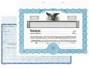 Custom printed corporate stock certificates include numbering, corporation name and two signature lines. You'll also receive 20 matching transfer certificates with your order.
