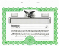 Custom printed corporate stock certificates include numbering, corporation name and two signature lines. You'll also receive 20 matching transfer certificates with your order.