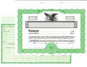 Blank corporate stock certificates. Easy to fill in the blanks from your software or hand write the information.