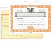 Custom printed stock certificates include numbering, Corporation name and two signature lines. You'll also receive 20 matching transfer certificates with your order.