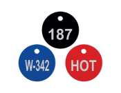 Petersen Specialty - Engraved 1" round stainless steel tag for control boxes/panels, machine equipment and industrial uses. Customize text, color and easy install options for your needs. Durable for indoors and outdoors. Order today!